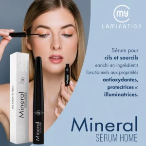 Mineral Serum Home My Lamination, sérum de soin pour cils et sourcils, présenté avec son flacon et une femme appliquant le produit sur ses cils.