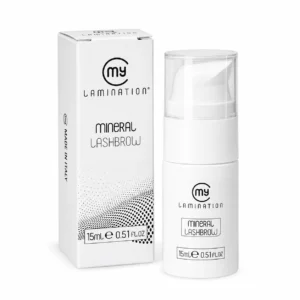 Flacon Mineral Lashbrow My Lamination 15 ml et son emballage sur fond blanc.