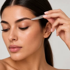 Femme utilisant une pince à épiler sourcils professionnelle Brow Architect My Lamination à embout biseauté pour restructurer ses sourcils