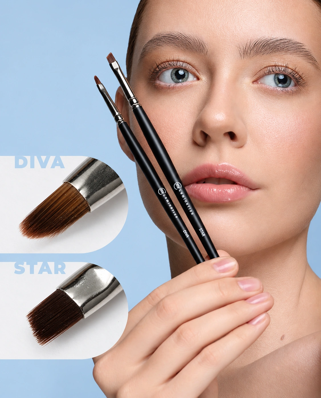 Modèle tenant les pinceaux DIVA et STAR My Lamination, avec gros plans sur leurs embouts