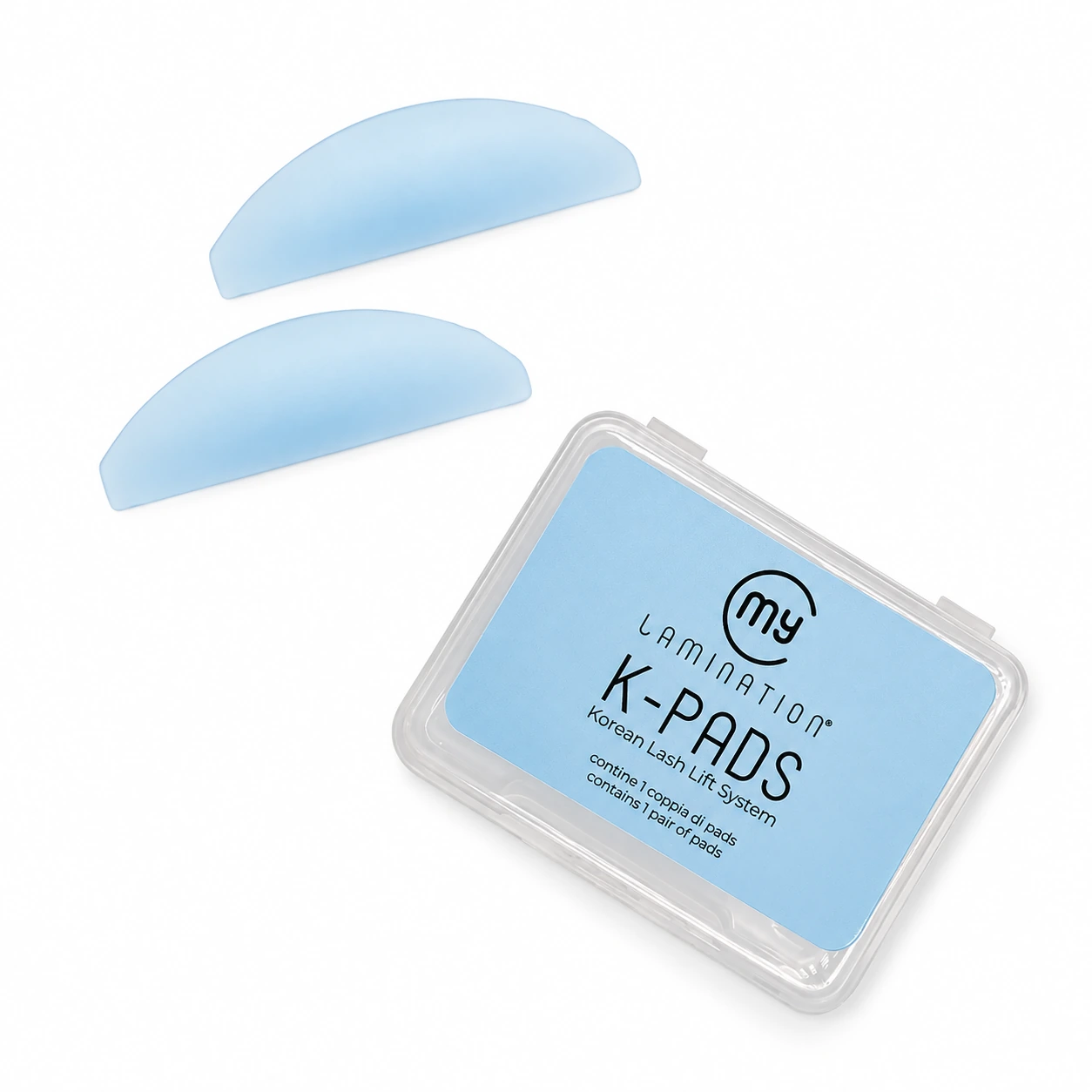 Deux pads bleus en silicone K-Pads My Lamination avec leur boîte pour le rehaussement de cils coréen.