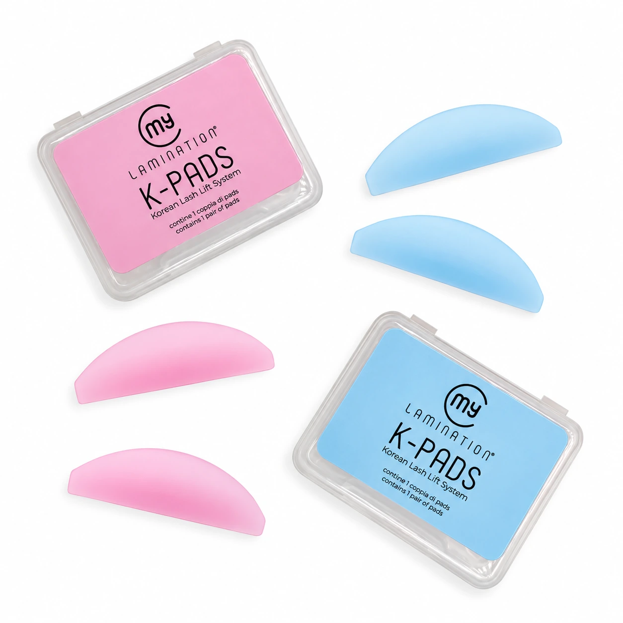 Pads en silicone K-Pads roses et bleus My Lamination avec leurs boîtes pour le rehaussement de cils coréen.