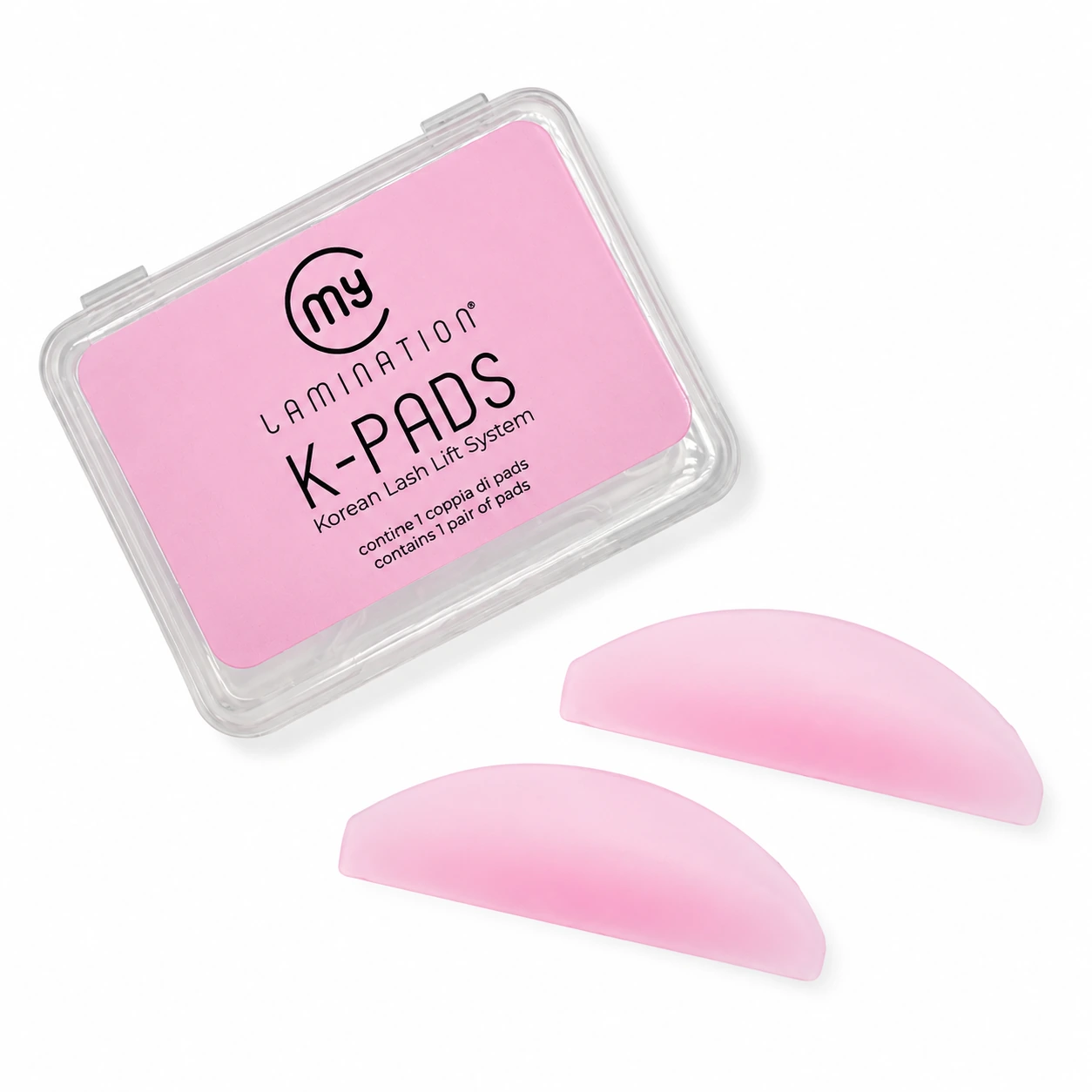 Boîte K-Pads Rose My Lamination et deux pads roses en silicone pour le rehaussement de cils coréen.