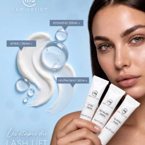 Étapes du rehaussement de cils My Lamination avec Lifting Cream+, Neutralising Cream+ et Hydrating Serum+.
