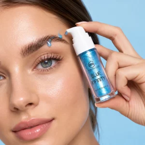 Femme tenant le sérum professionnel Blue Infinity My Lamination 15 ml près de son sourcil, avec le flacon bleu scintillant entièrement visible.