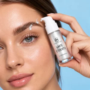 Femme présentant le sérum White Eternity My Lamination 15 ml près de son sourcil, avec son flacon blanc nacré entièrement visible.
