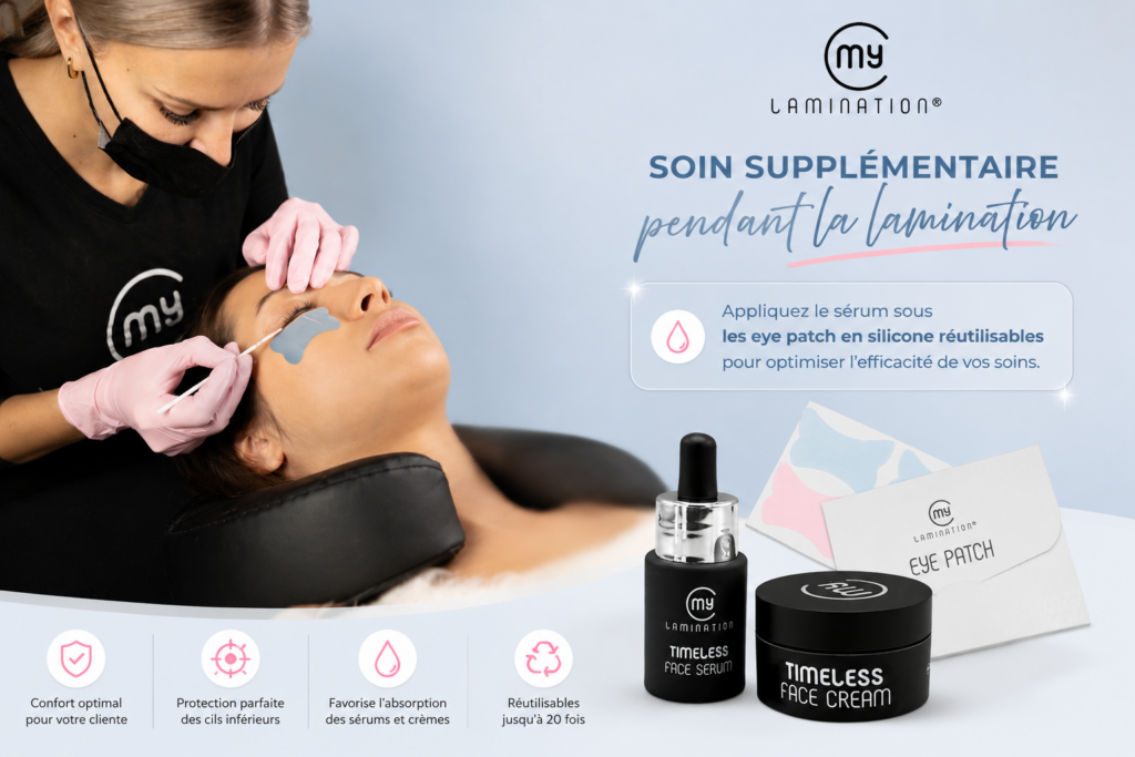 Les Eye Patch en silicone My Lamination® ne servent pas uniquement à protéger les cils inférieurs.
Ils permettent également de transformer la prestation en véritable moment de soin contour des yeux.
Avant la pose des patchs, il est recommandé d’appliquer un sérum hydratant à l’acide hyaluronique ou un soin contour des yeux afin de créer un effet hydratant et défatiguant pendant la prestation.
