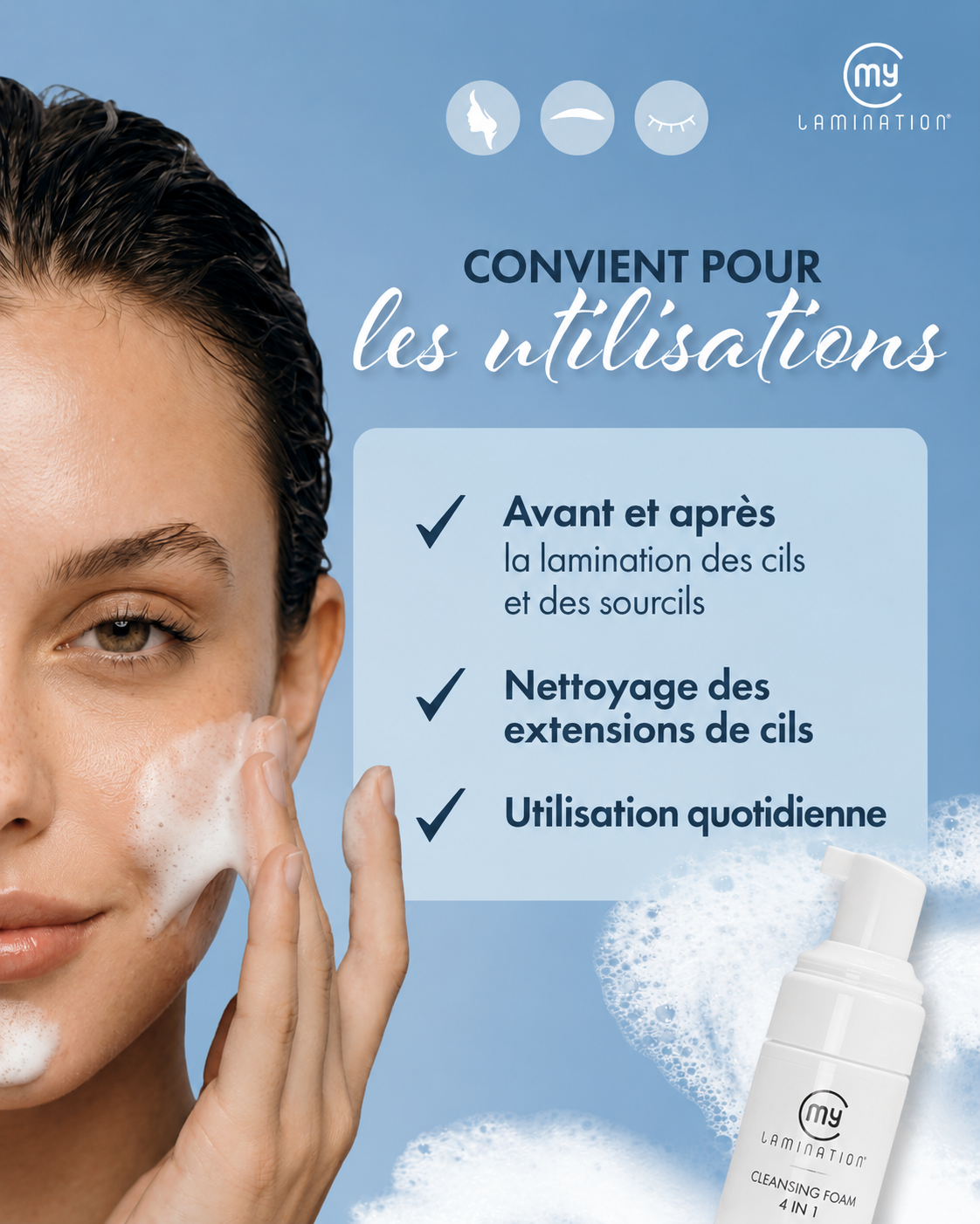 Grâce à sa mousse légère, la Cleansing Foam 4 in 1 nettoie efficacement tout en respectant l'équilibre cutané. Elle élimine les impuretés sans agresser la peau ni dessécher les cils ou les sourcils. Sa formule Oil Free est parfaitement adaptée aux prestations Lash & Brow.