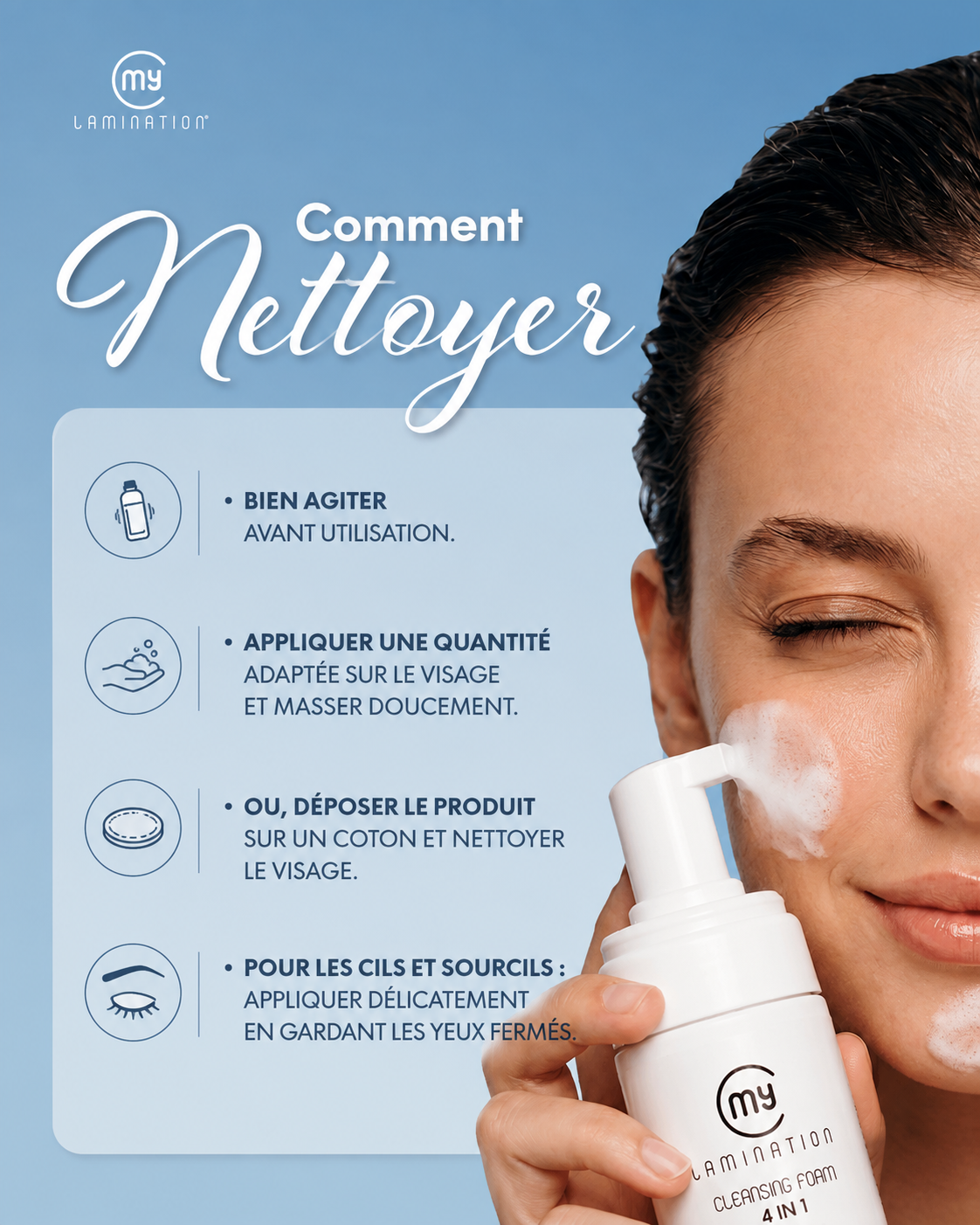 Avant un rehaussement de cils, une Brow Lift ou toute autre prestation du regard, la peau et les poils doivent être parfaitement propres.
Les résidus de maquillage, de sébum, de crème ou les impuretés peuvent compromettre l'adhérence des produits techniques et influencer le résultat final.