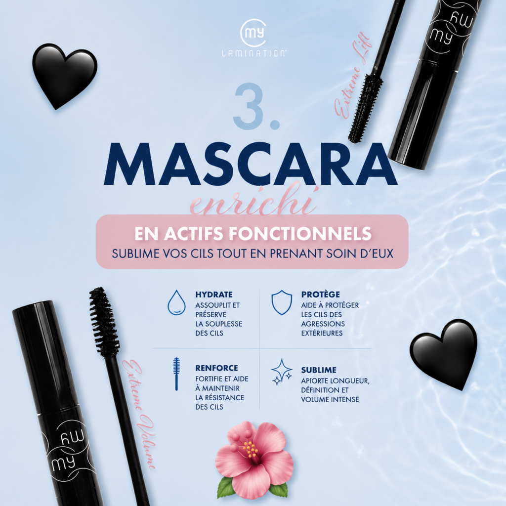 Le mascara ne sert pas uniquement à maquiller.
Le Mascara My Lamination® associe performance et soin grâce à ses ingrédients fonctionnels.
Il apporte :
définition,
intensité,
protection,
confort,
soin quotidien.
Idéal après un rehaussement de cils pour mettre en valeur la courbure naturelle sans alourdir le regard.
