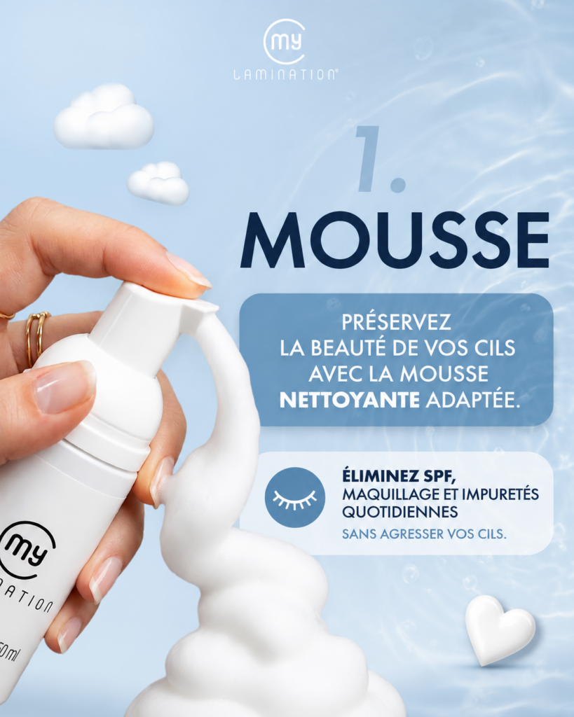 Une bonne hygiène est la base de beaux cils.
La Mousse Nettoyante My Lamination® élimine délicatement :
les résidus de crème solaire,
le maquillage,
les impuretés,
la transpiration,
les particules de pollution.
Sa formule respecte les cils naturels et contribue à prolonger la beauté du rehaussement.
