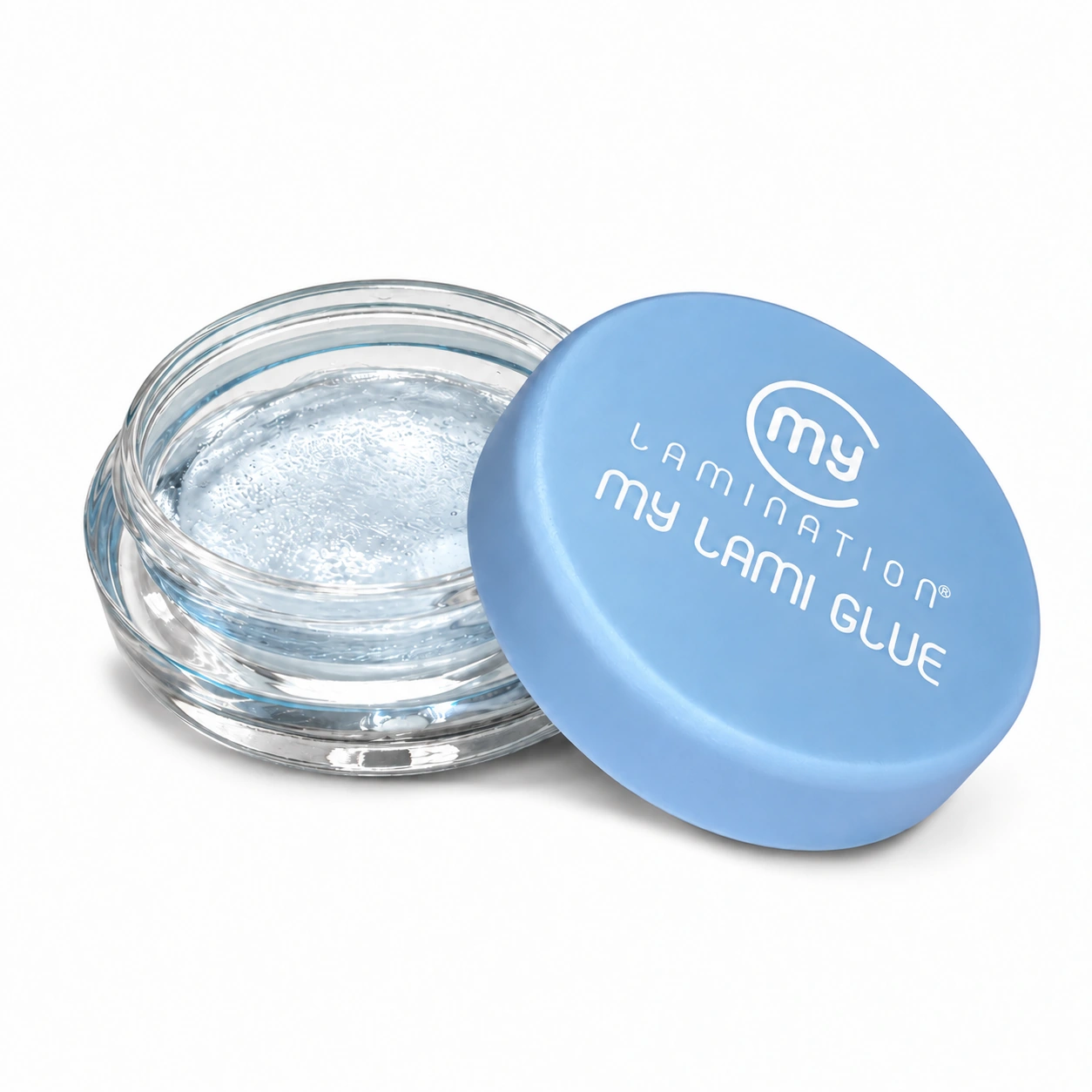 Pot ouvert de colle baume My Lami Glue My Lamination, au gel bleu clair transparent, avec son couvercle bleu.
