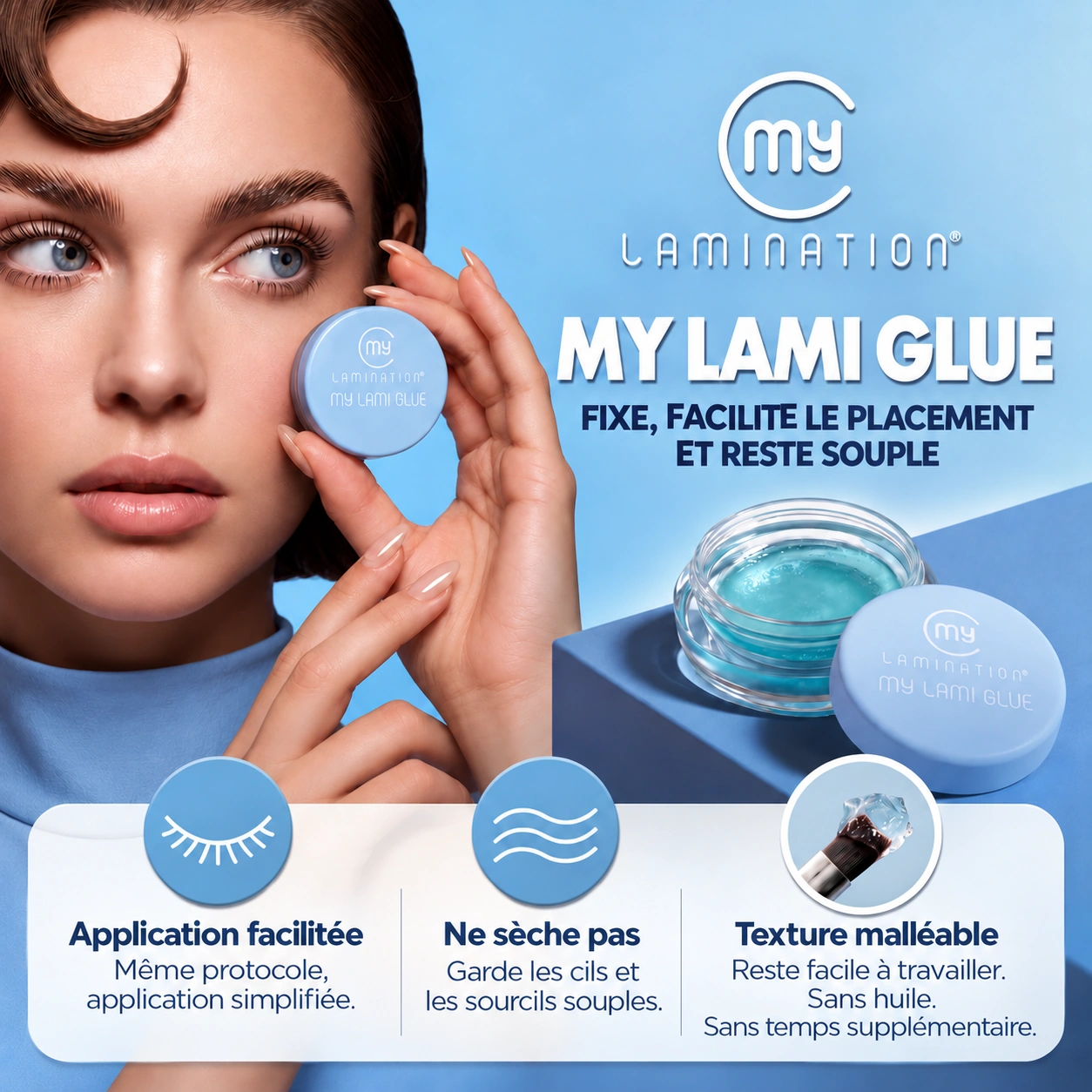 My Lami Glue de My Lamination : colle baume pour rehaussement de cils, présentée avec un modèle et ses principaux avantages.