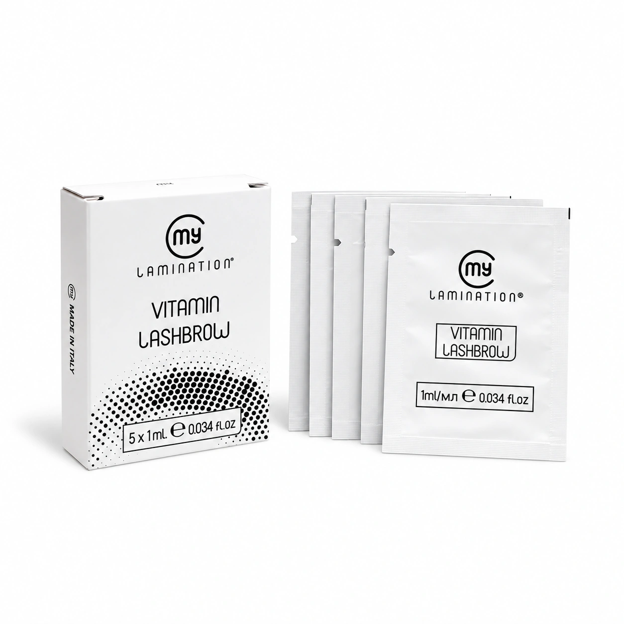 Vitamin Lashbrow Pack My Lamination, boîte et cinq sachets unidoses de 1 ml de soin professionnel pour cils et sourcils.